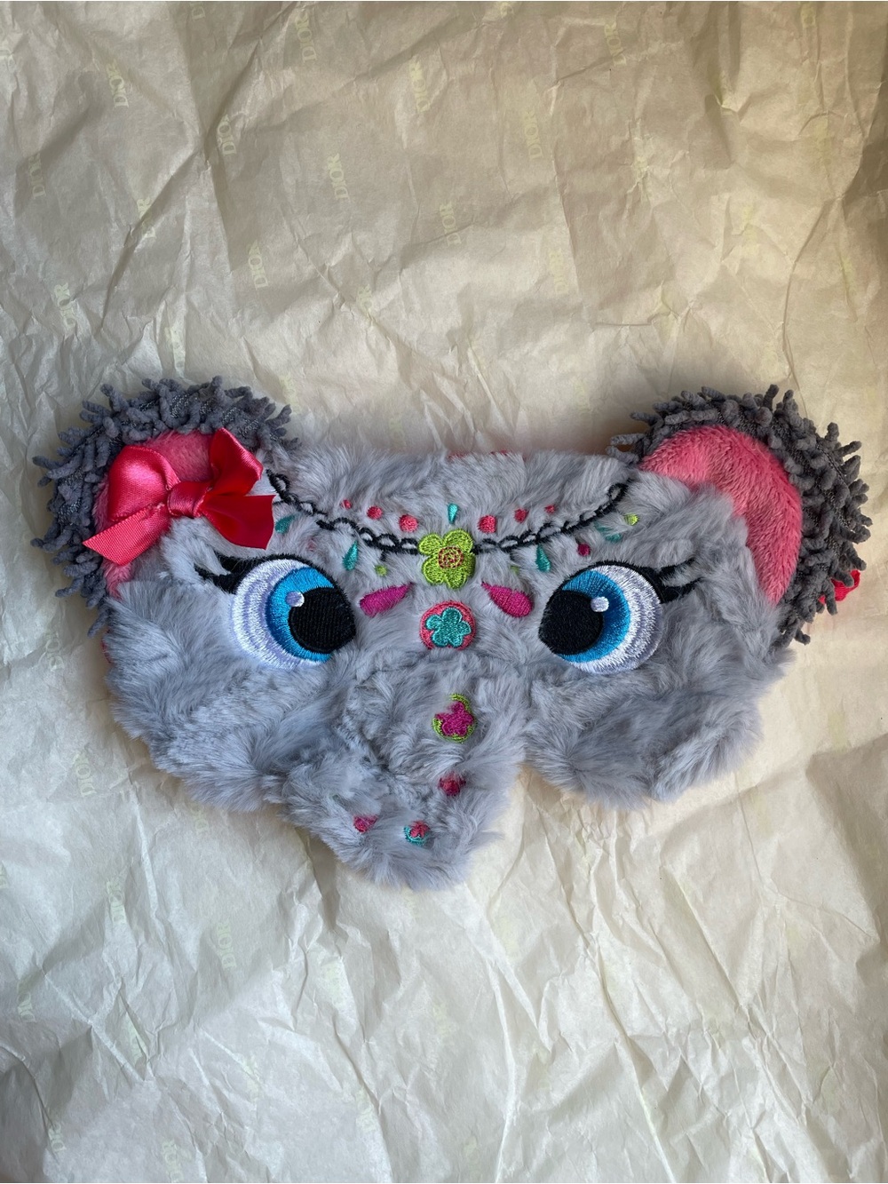 Claire's Gray Plush Elephant Eye Mask with Blue Eyes and Pink Accents